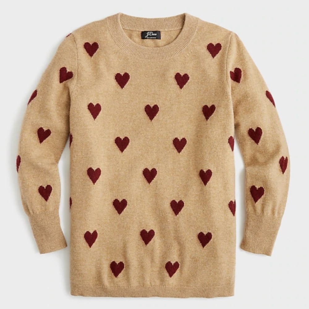 J Crew Everyday Cashmere Crewneck Sweater with Intarsia-Knit Hearts M0380 S